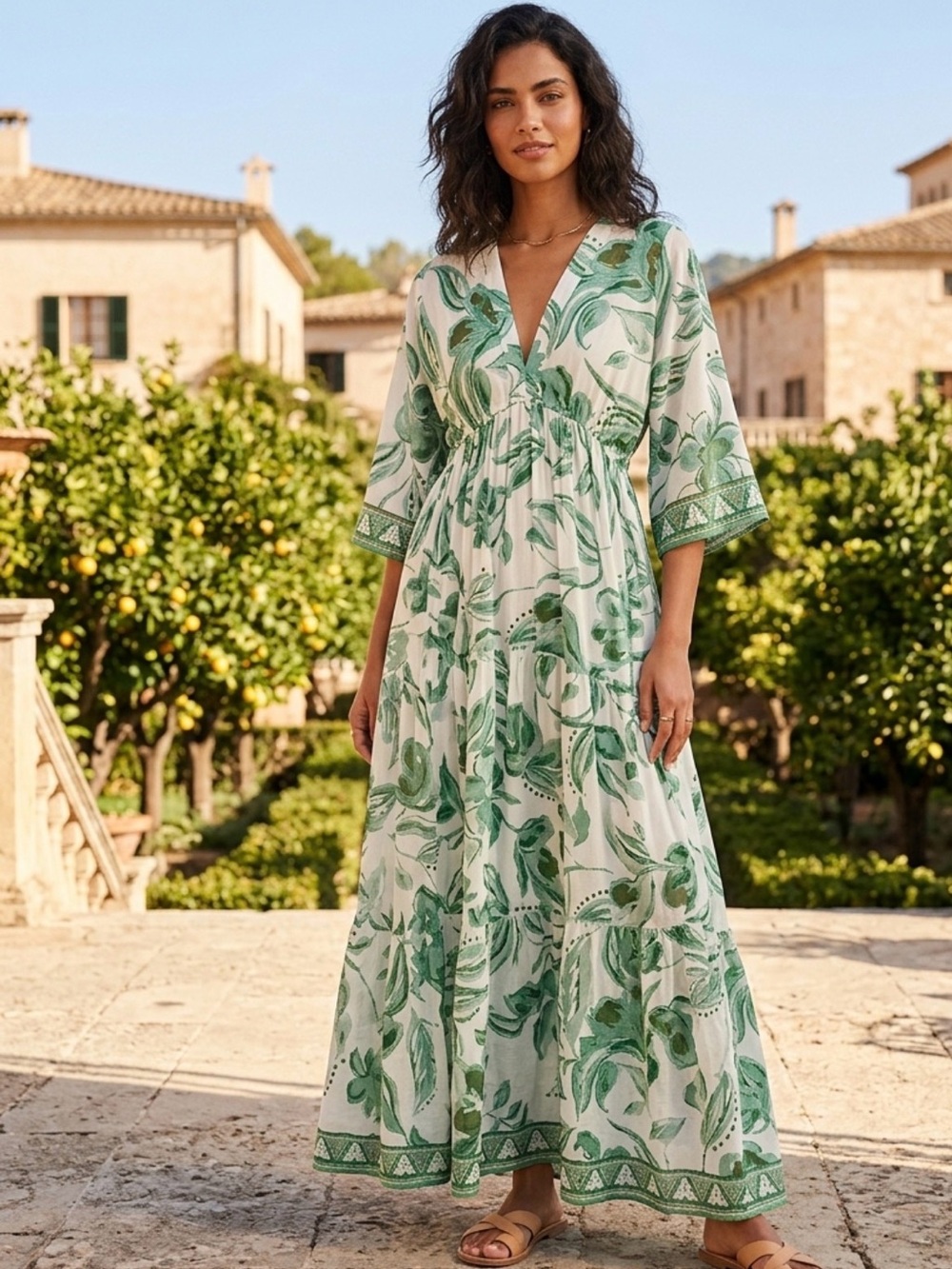 Haute Hippie White Maxi Dress with Green Leaf Print